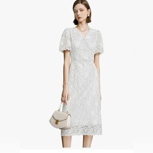 Lace Floral V-Neck Dress with Puff Sleeves and Back Zipper #1001